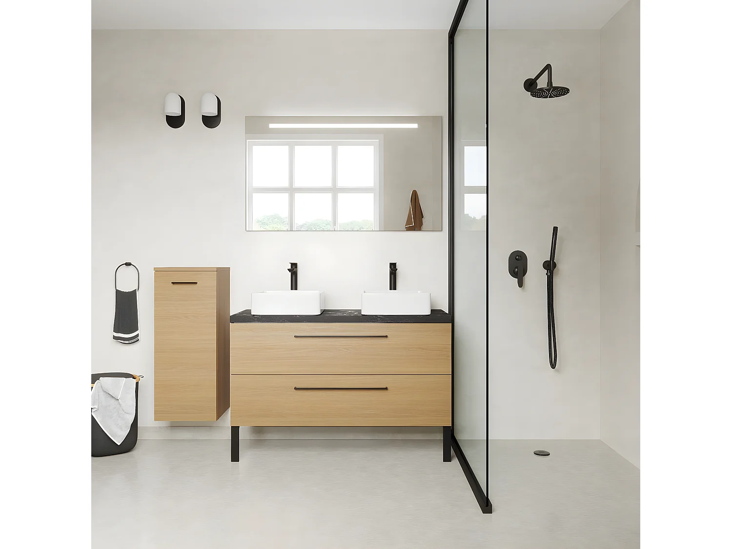 Meuble de salle de bain suspendu 2 vasques à poser 120cm 2 tiroirs Chêne clair - Glasgow