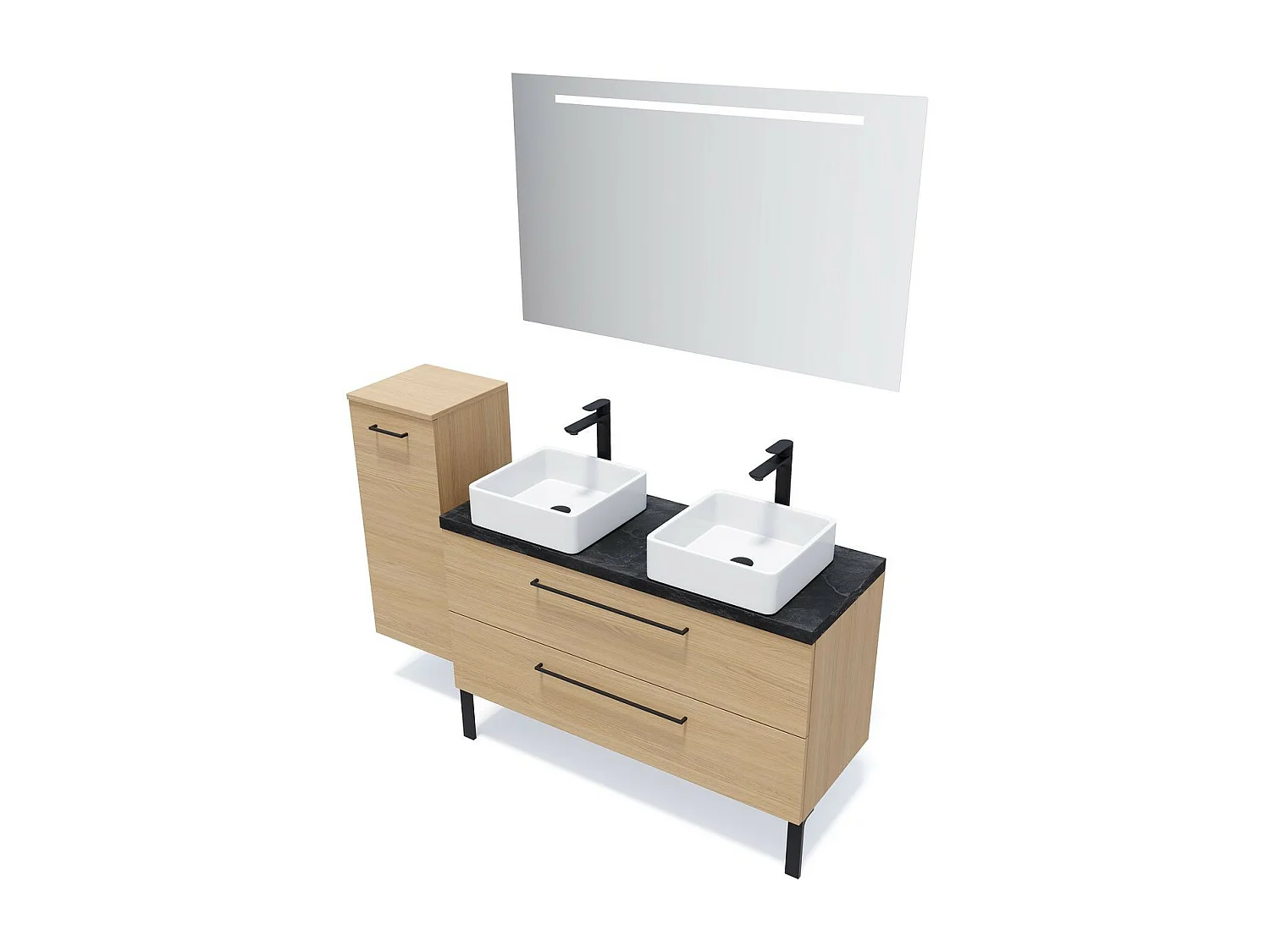 Meuble de salle de bain suspendu 2 vasques à poser 120cm 2 tiroirs Chêne clair - Glasgow