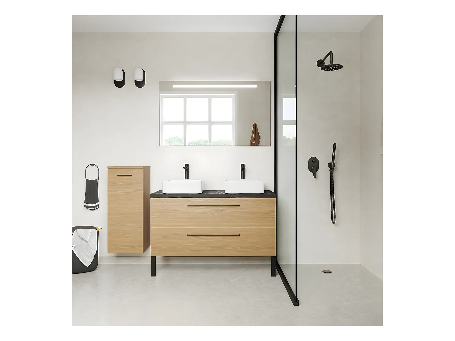 Meuble de salle de bain suspendu 2 vasques à poser 120cm 2 tiroirs Chêne clair - Glasgow