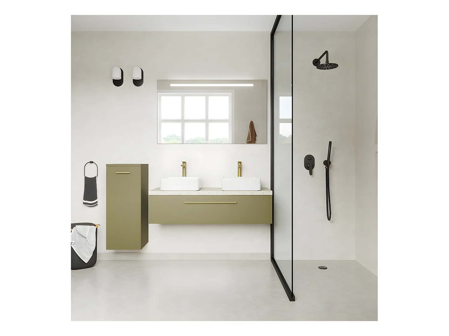 Meuble de salle de bain suspendu 2 vasques à poser 120cm 1 tiroir Vert olive - Glasgow
