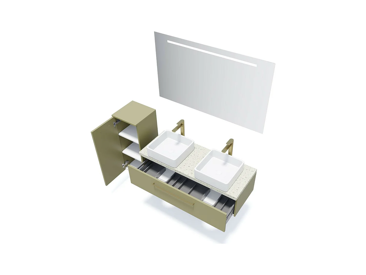 Meuble de salle de bain suspendu 2 vasques à poser 120cm 1 tiroir Vert olive - Glasgow