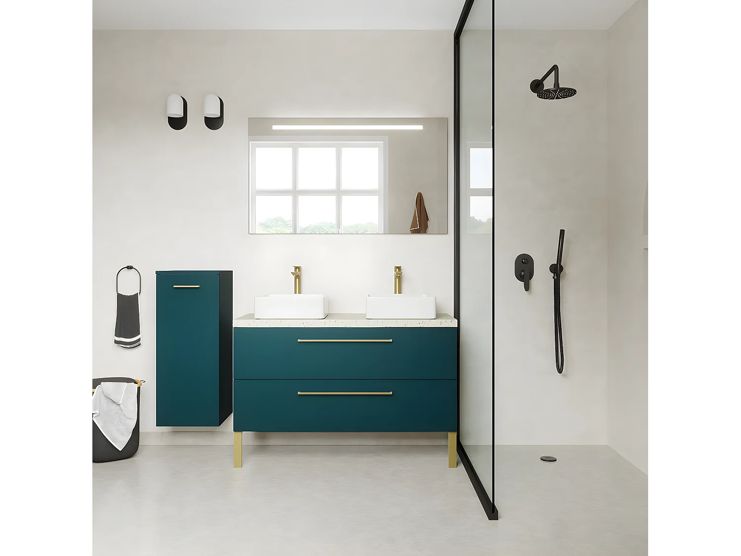 Meuble de salle de bain suspendu 2 vasques à poser 120cm 2 tiroirs Bleu - Glasgow