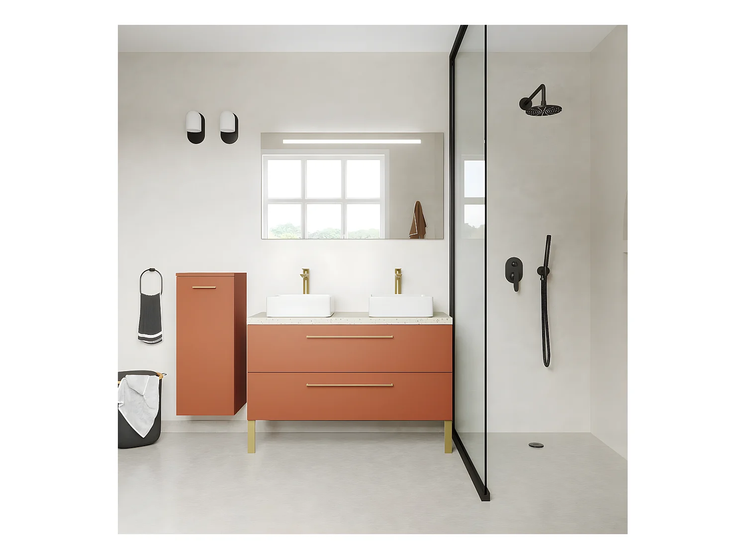 Meuble de salle de bain suspendu 2 vasques à poser 120cm 2 tiroirs Terracotta - Glasgow