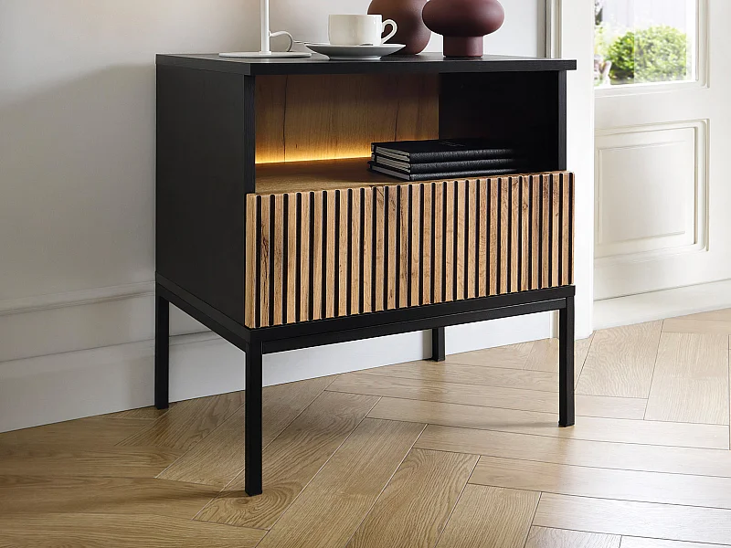 Table de chevet avec 1 tiroir et 1 niche - Avec LEDs - Noir et naturel - OVILA