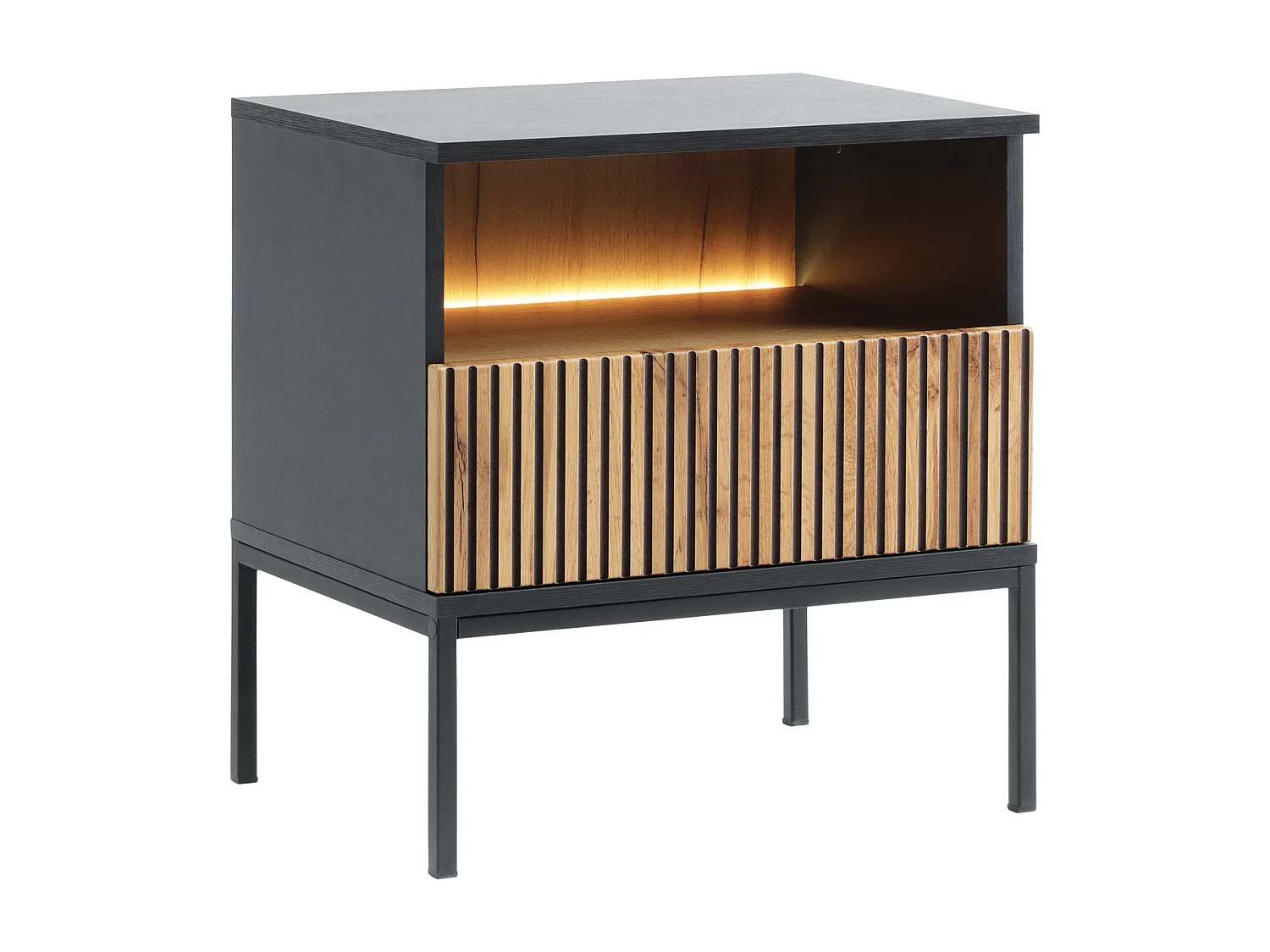 Comodino con 1 cassetto e 1 nicchia Con LED Nero e Naturale - OVILA