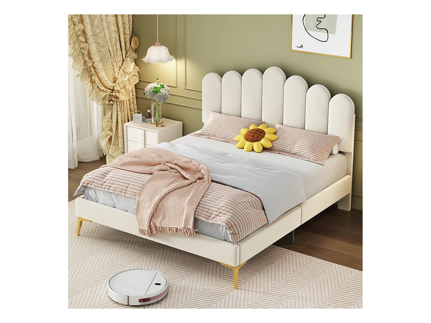 Lit capitonné en velours avec sommier à lattes - tête de lit réglable - beige