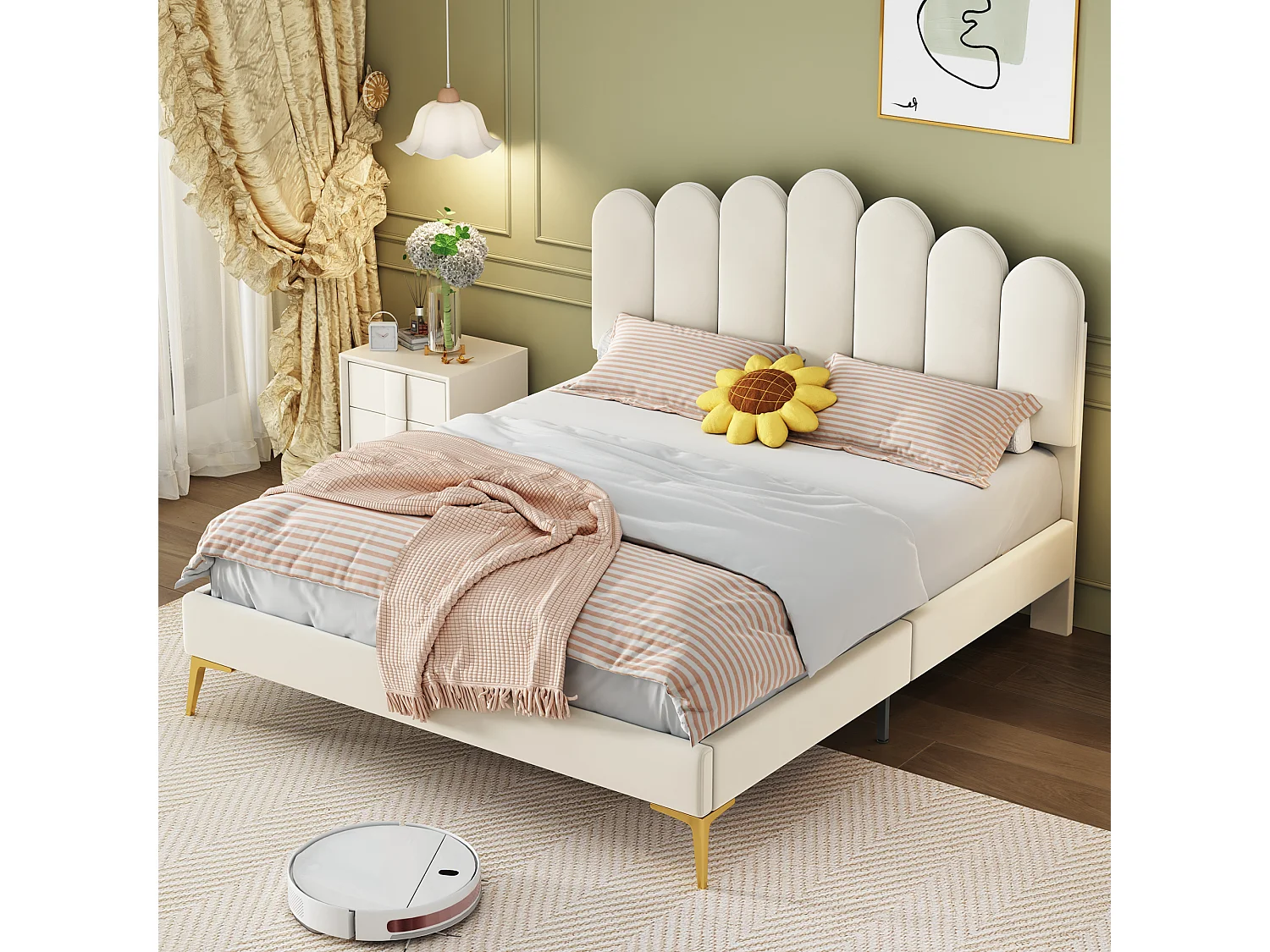 Lit capitonné en velours avec sommier à lattes - tête de lit réglable - beige