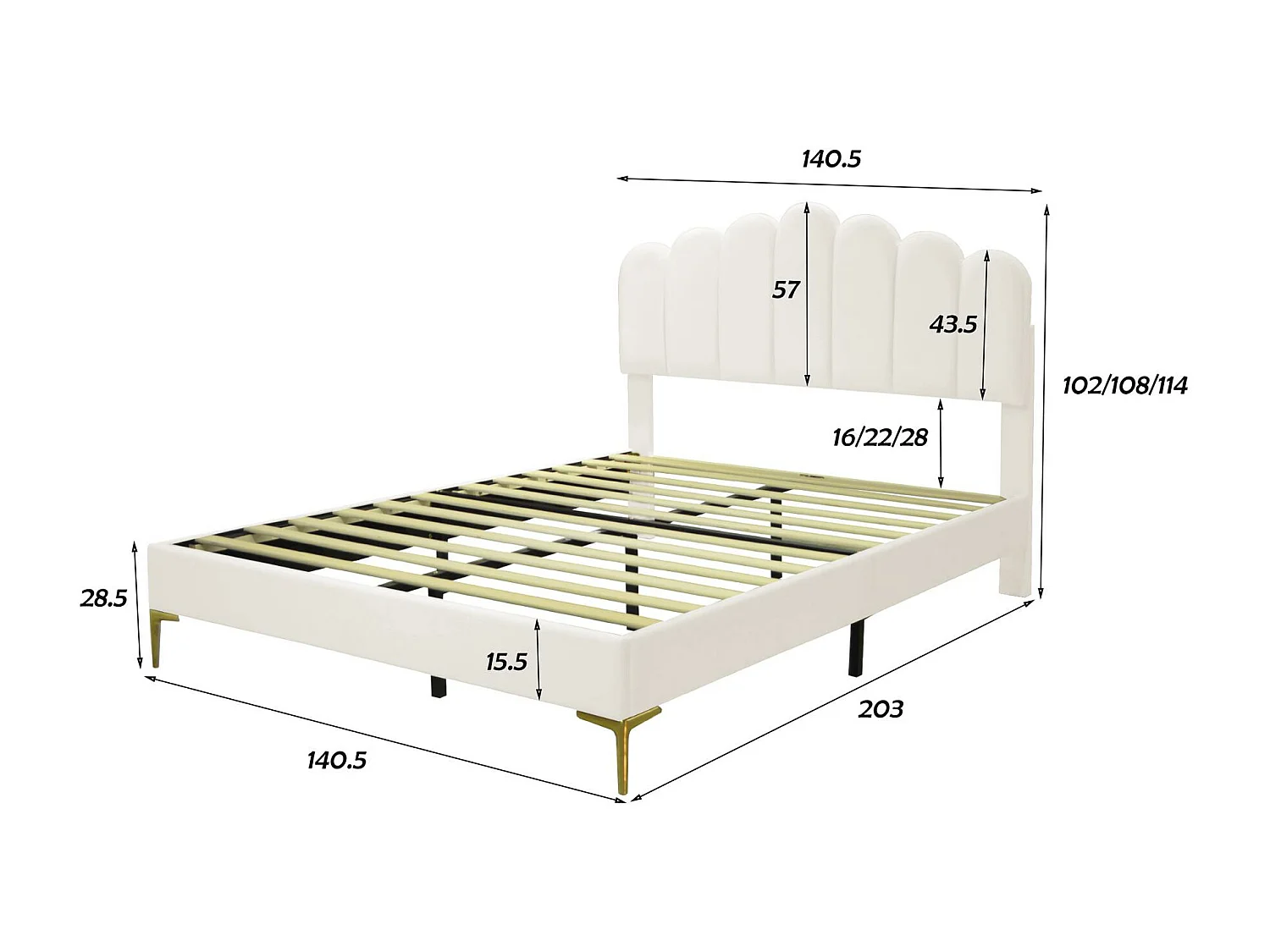 Lit capitonné en velours avec sommier à lattes - tête de lit réglable - beige