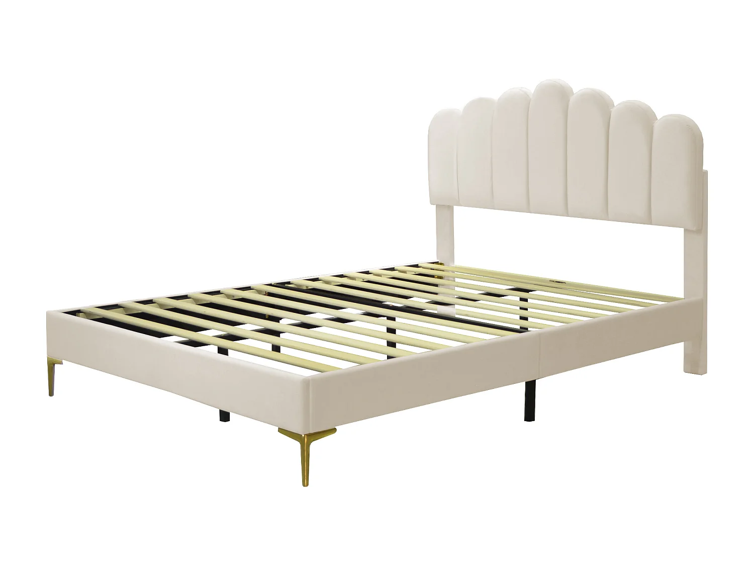 Lit capitonné en velours avec sommier à lattes - tête de lit réglable - beige