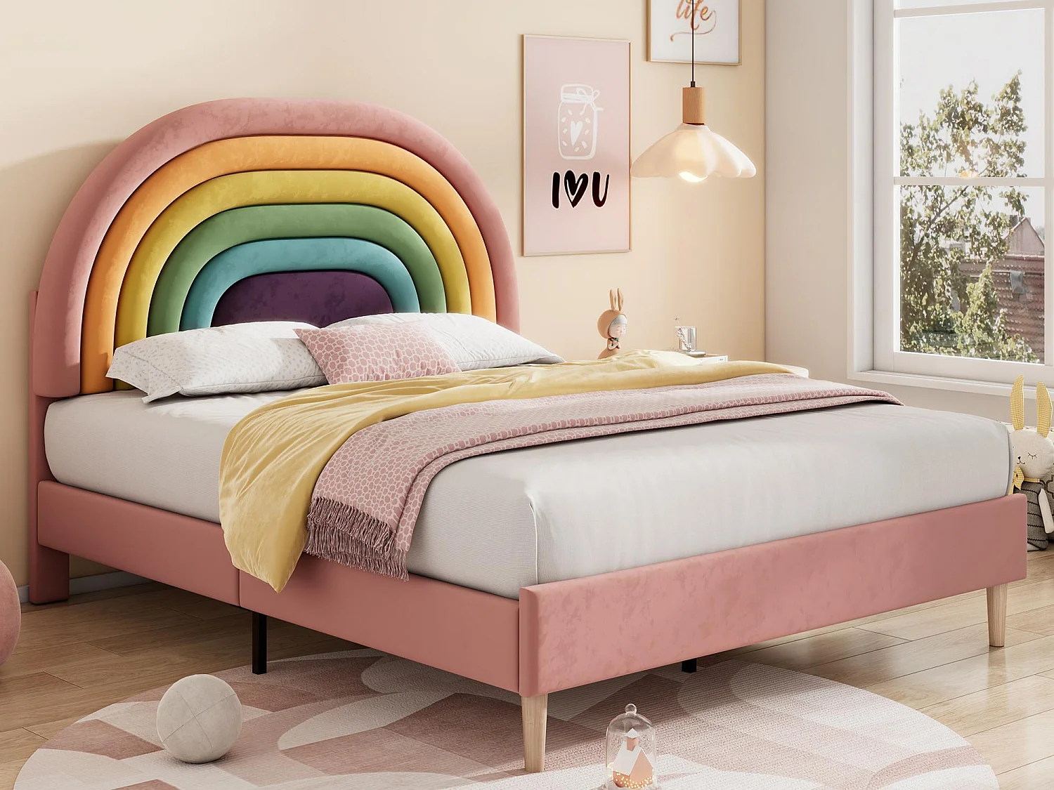 Samt-Kinderbett – 140 x 200 cm – mit farbigem verstellbarem Kopfteil – Rosa