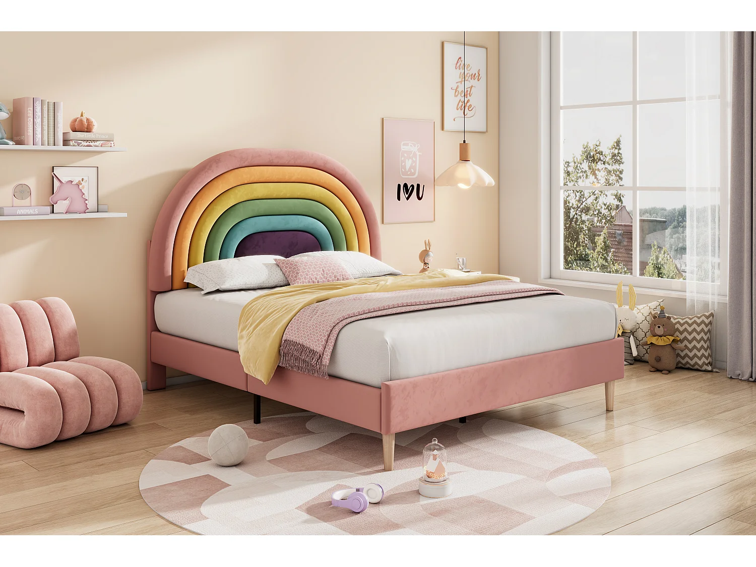 Samt-Kinderbett – 140 x 200 cm – mit farbigem verstellbarem Kopfteil – Rosa