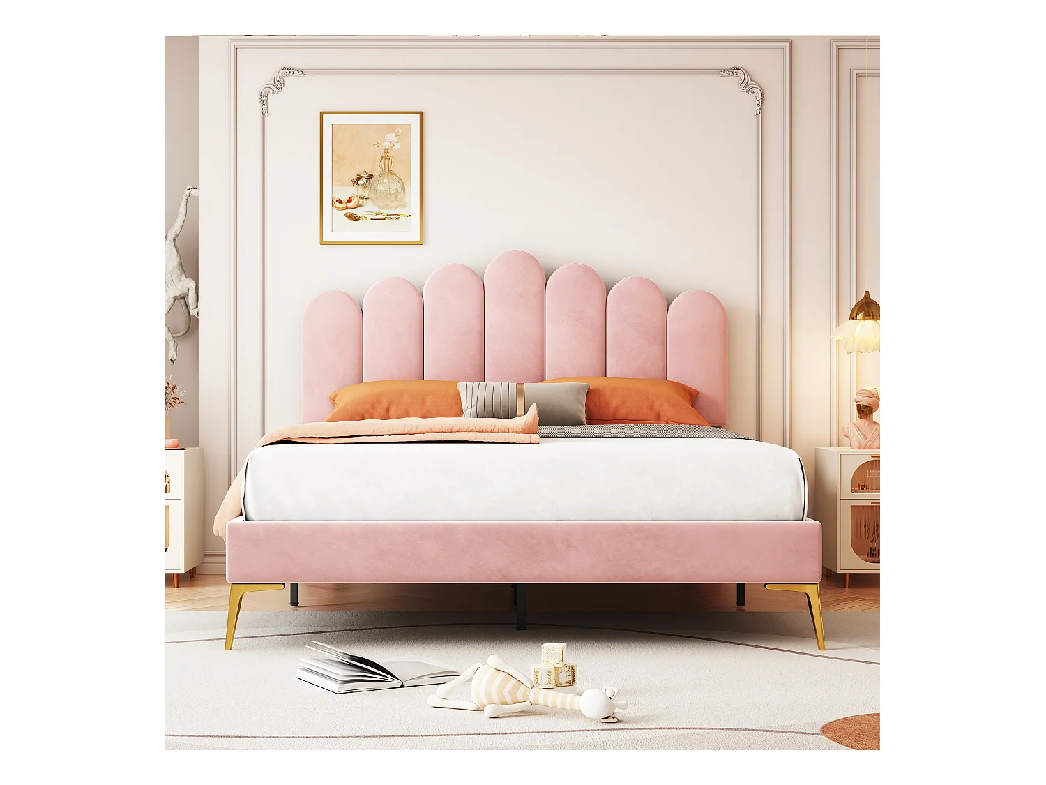 Gestoffeerd fluwelen bed 140x200cm met lattenbodem - verstelbaar hoofdeinde - roze