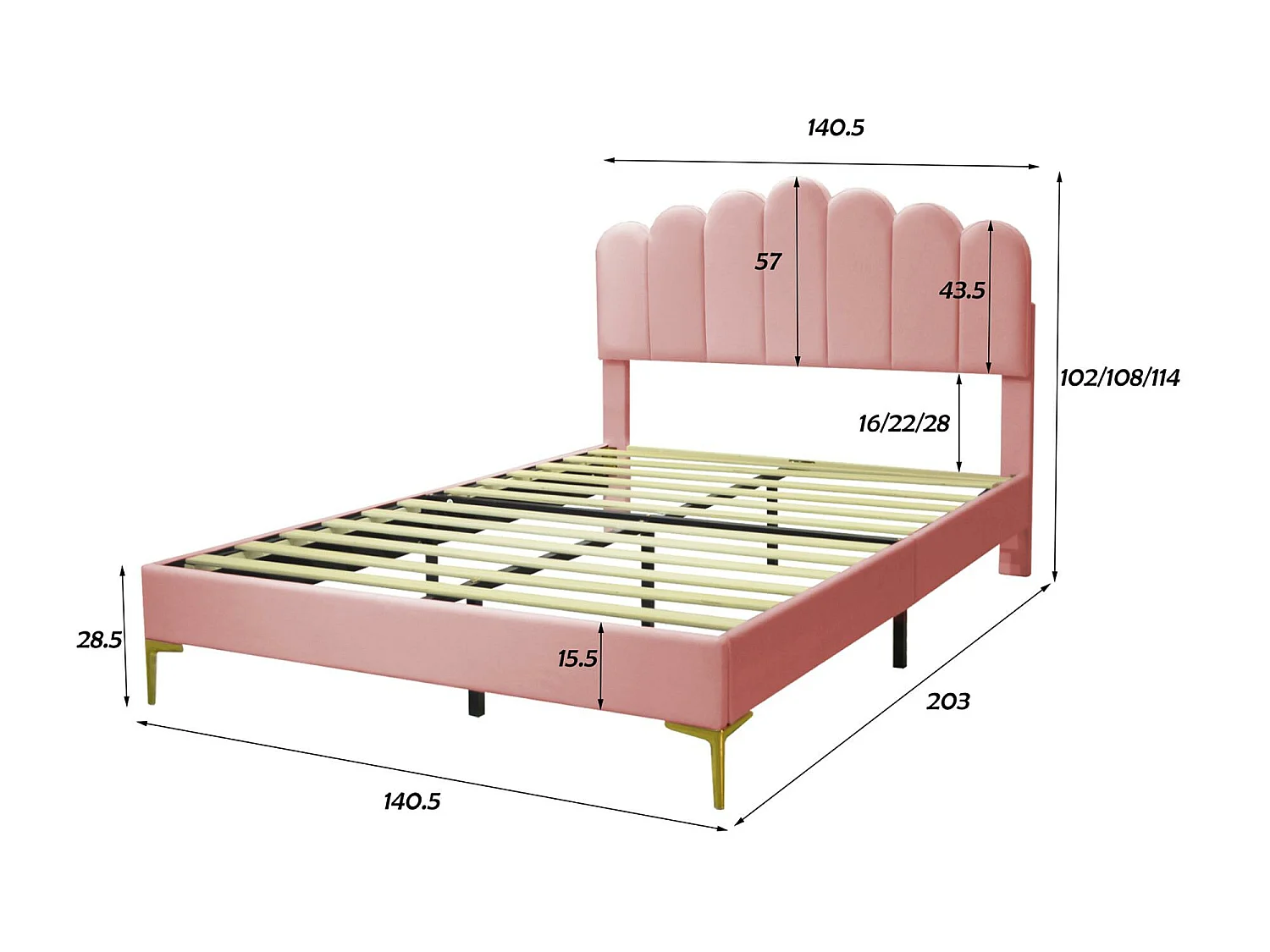 Gestoffeerd fluwelen bed 140x200cm met lattenbodem - verstelbaar hoofdeinde - roze