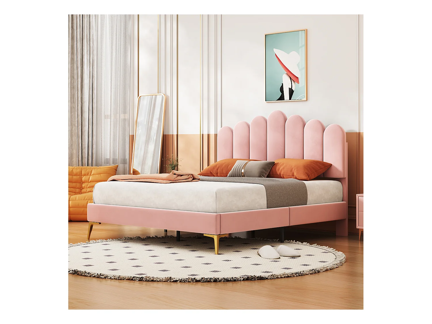 Gestoffeerd fluwelen bed 140x200cm met lattenbodem - verstelbaar hoofdeinde - roze