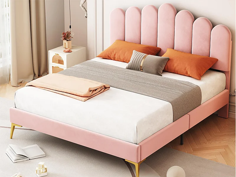 Lit rembourré en velours 140x200cm avec sommier à lattes - tête de lit réglable - rose