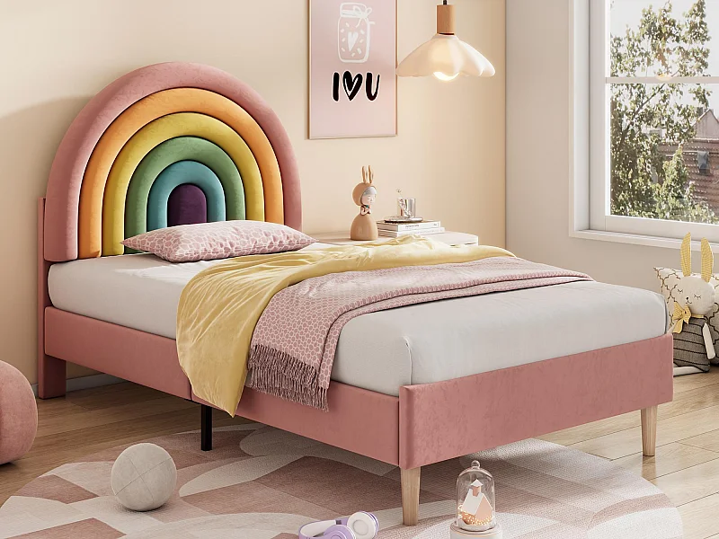 Samt-Kinderbett – 90 x 200 cm – mit farbigem verstellbarem Kopfteil – Rosa