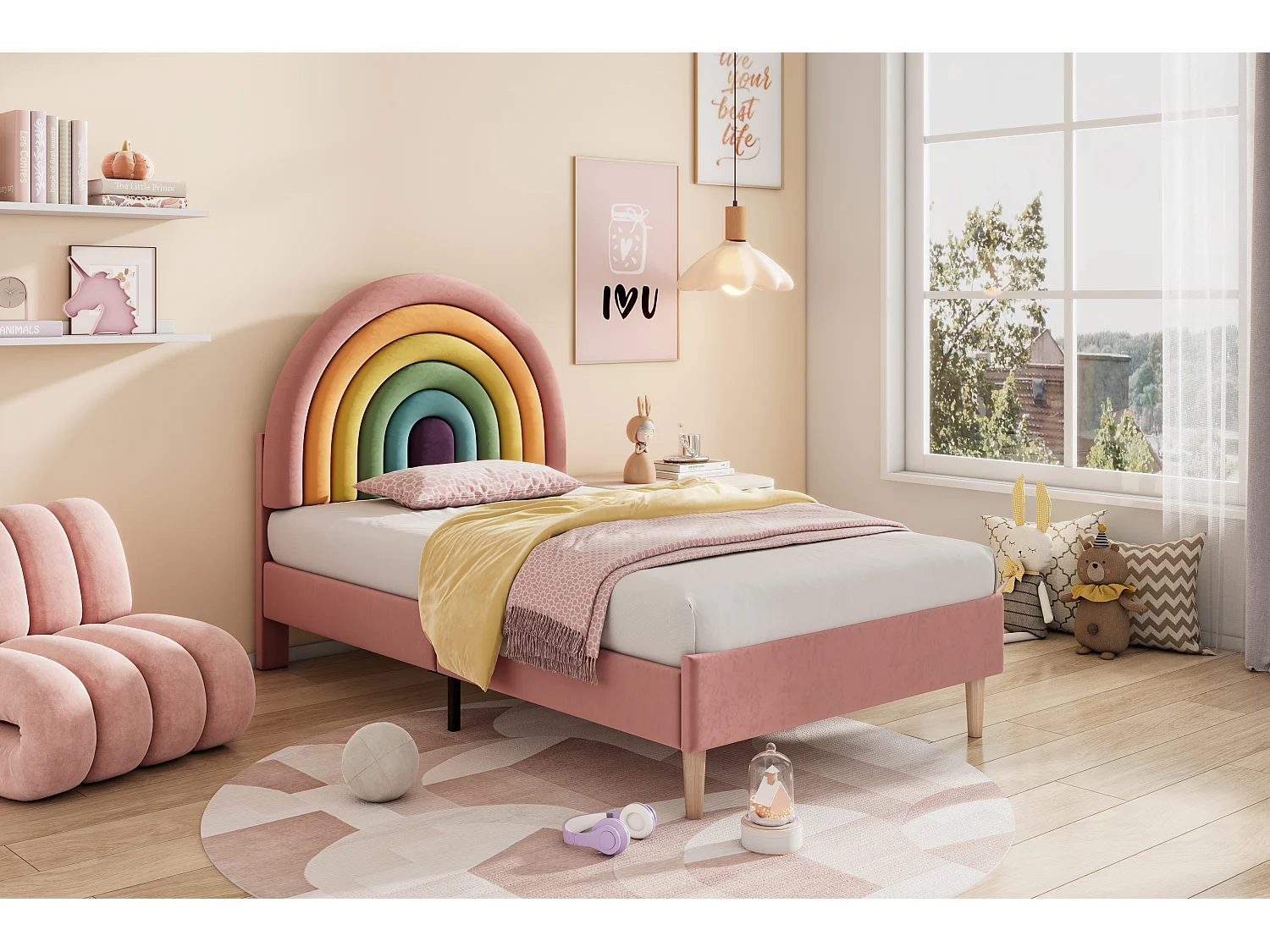 Fluwelen kinderbed - 90x200cm - met gekleurd verstelbaar hoofdeinde - Roze