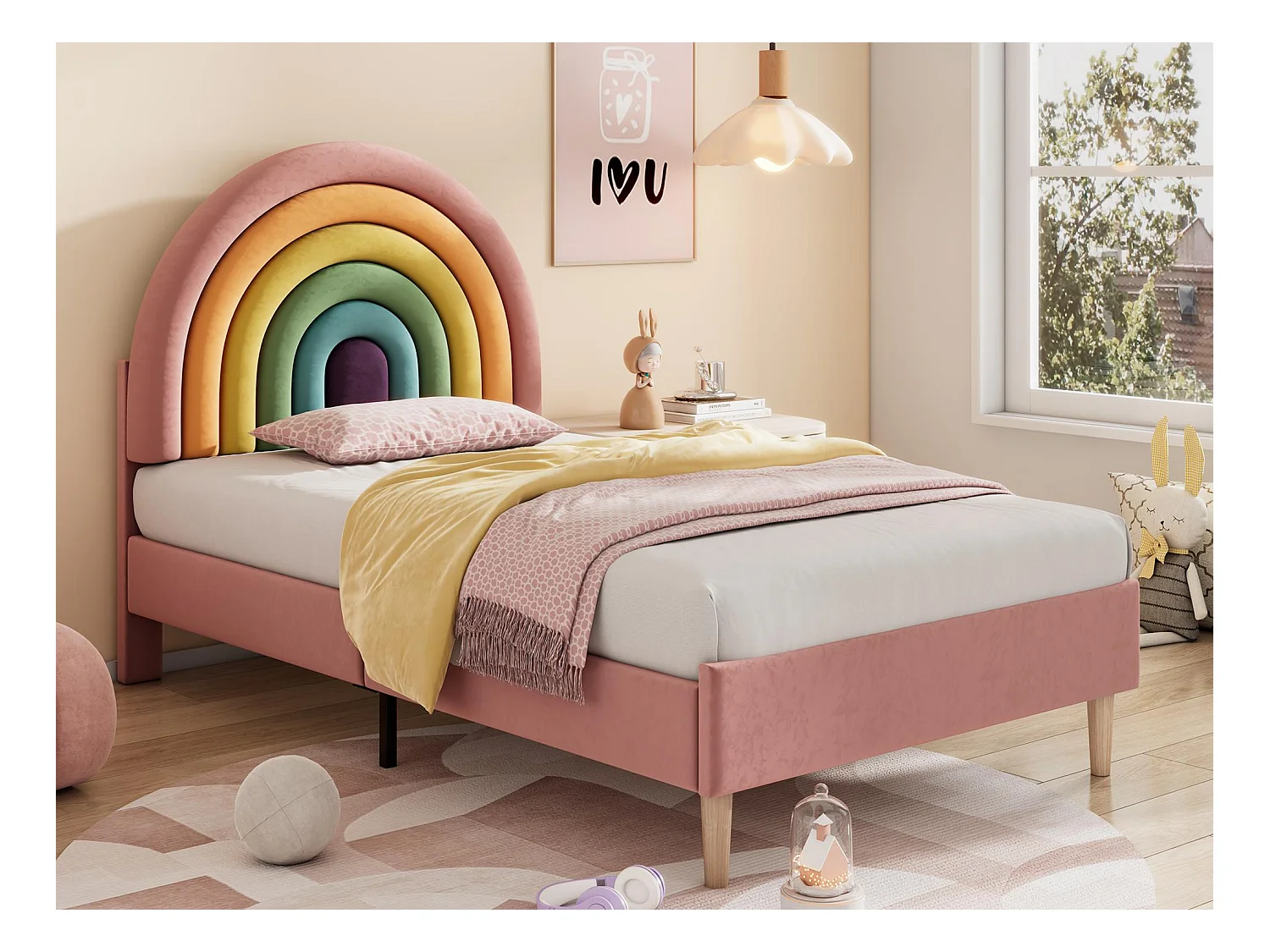 Lit enfant en velours - 90x200cm - avec tête réglable colorée - Rose