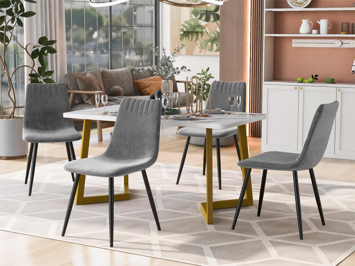 Essgruppe + 4 Stühle Tisch mit goldenen Beinen 4 Stühle aus grauem Samt