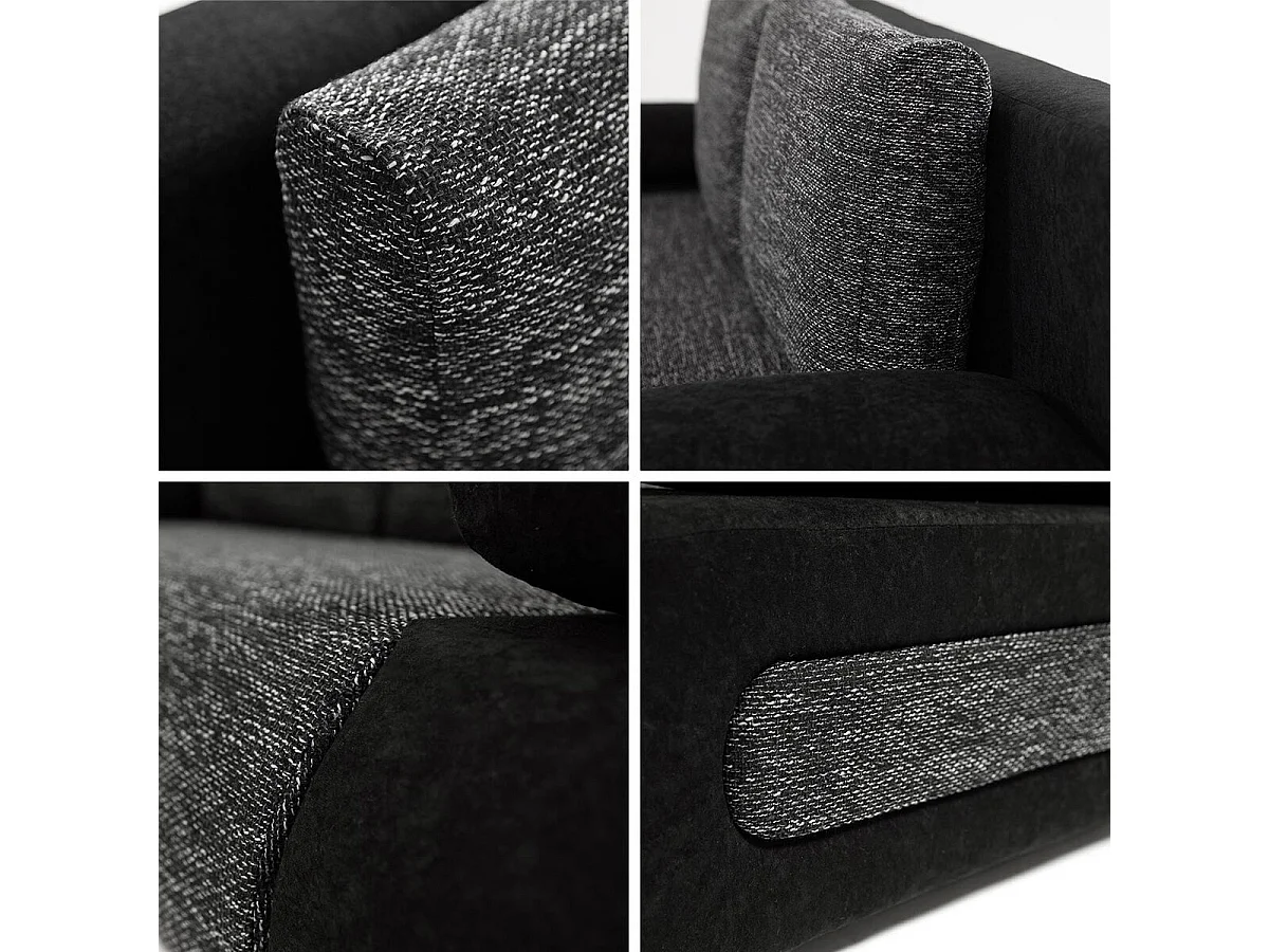 Sofá-cama HEMI de 3 lugares em tecido e couro sintético cinza e preto com caixa de cama