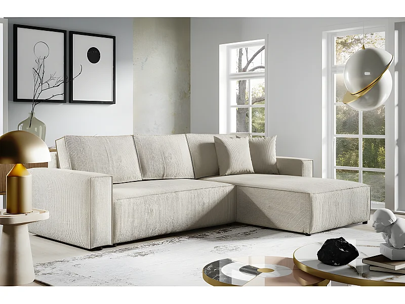 Canapé d'angle convertible VELLA en velours côtelé beige