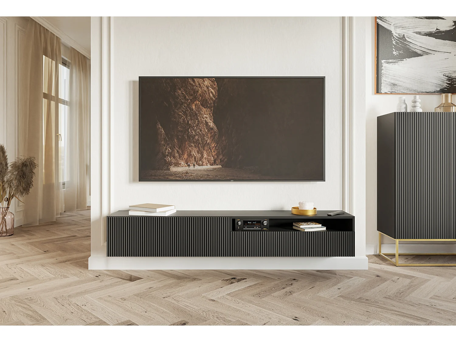 Meuble TV - 175 cm - suspendue avec niche - noir - VELDIO