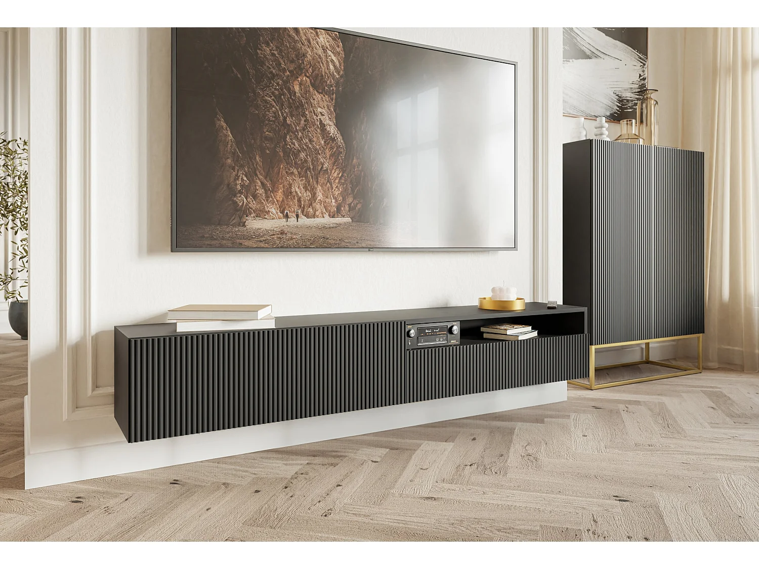 Meuble TV - 175 cm - suspendue avec niche - noir - VELDIO