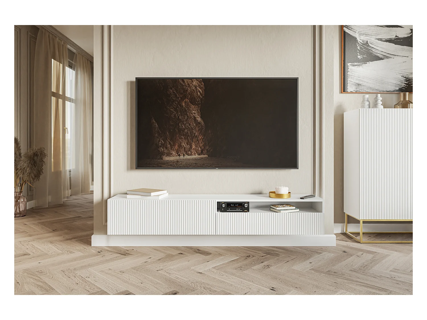 Meuble TV - 175 cm - suspendue avec niche - blanc - VELDIO