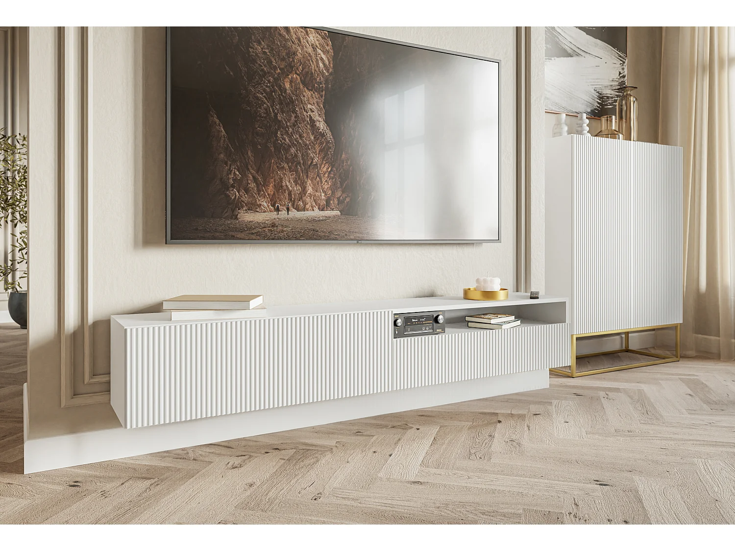 Meuble TV - 175 cm - suspendue avec niche - blanc - VELDIO