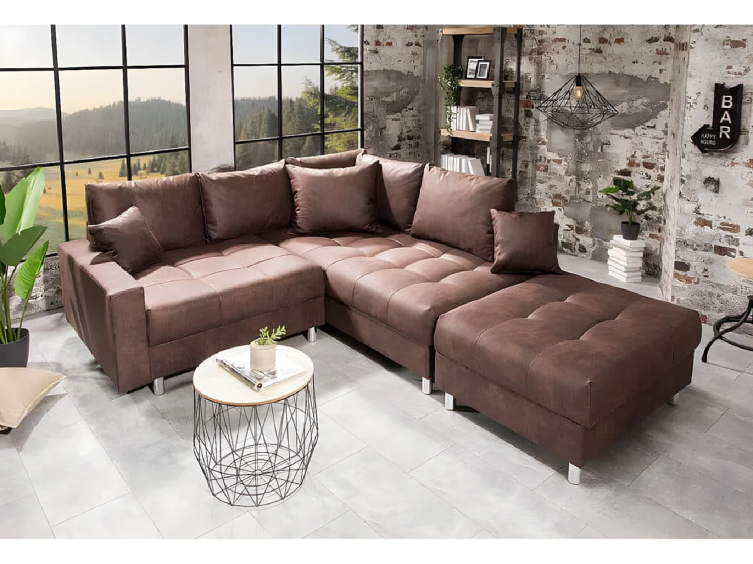 Mini canapé d'angle Kent avec pouf - marron vintage