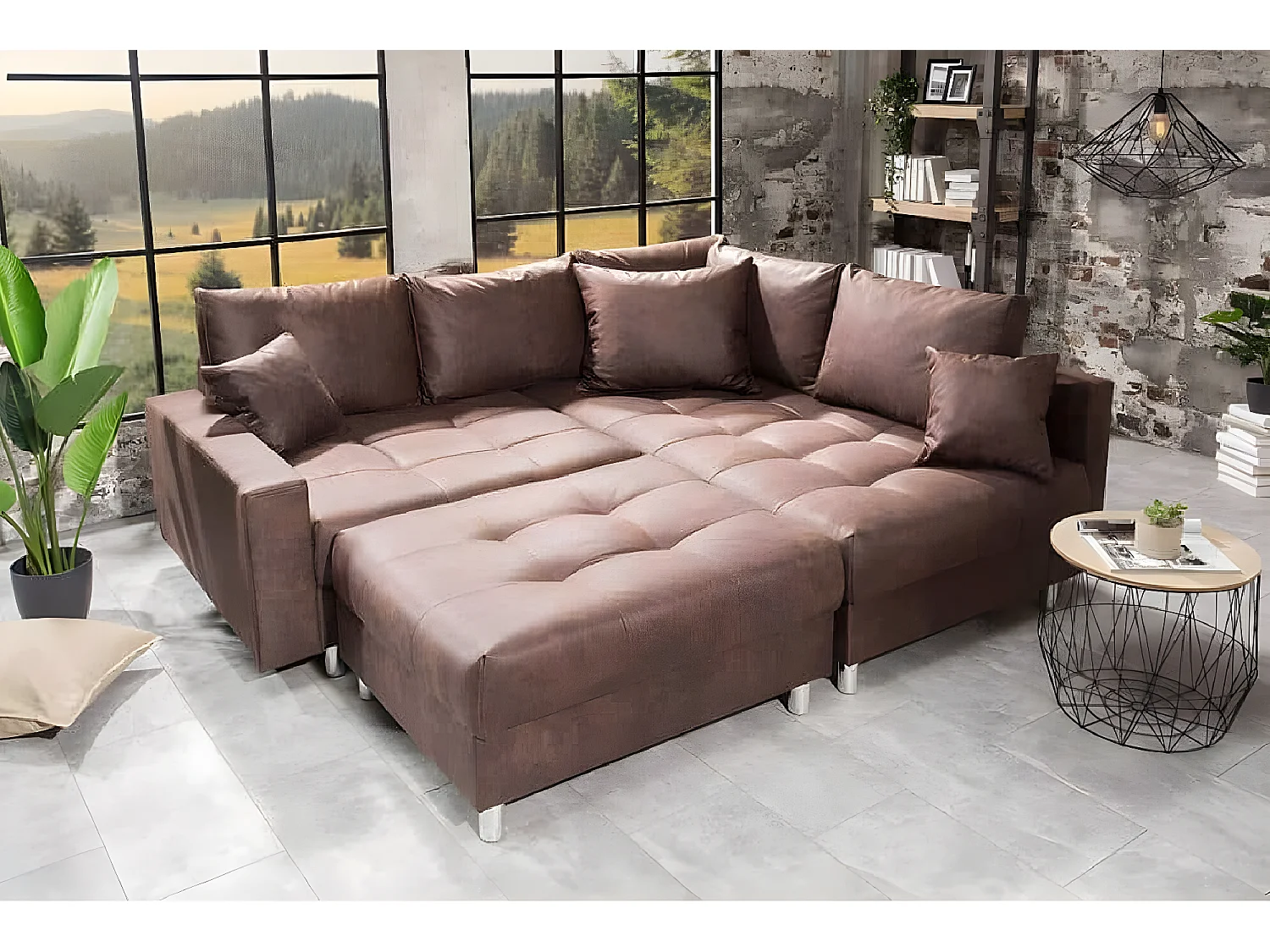 Mini canapé d'angle Kent avec pouf - marron vintage