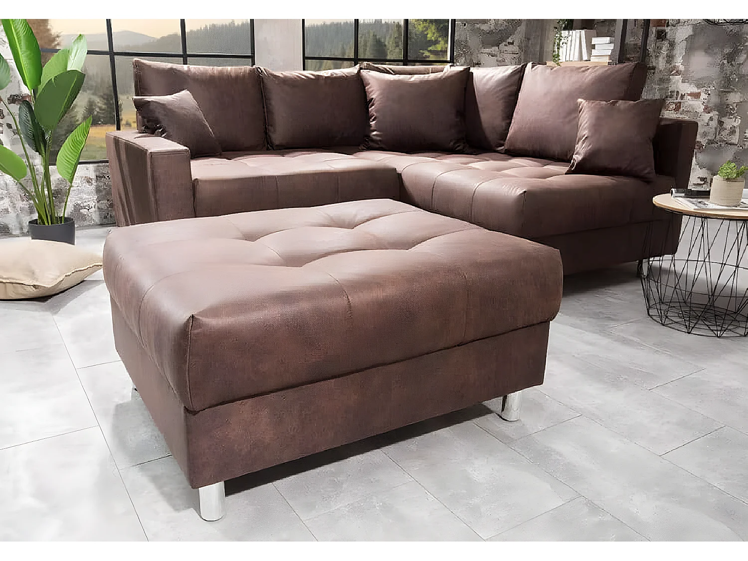 Mini canapé d'angle Kent avec pouf - marron vintage