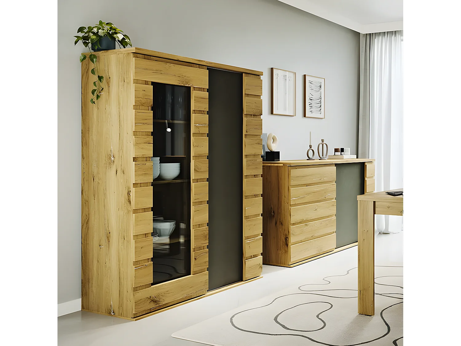 Vitrine 1 + 1 portes Miro bois foncé / anthracite