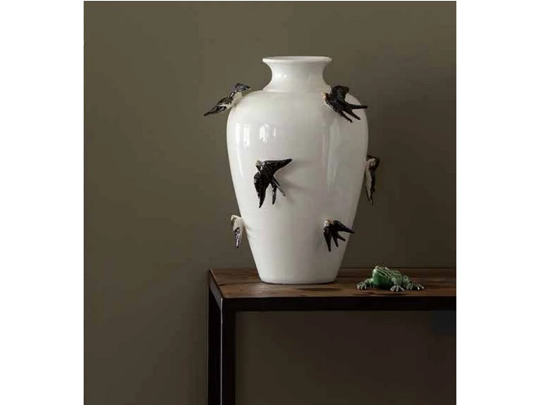 PRIMAVERA - Vase décoratif en céramique blanche avec motif d'hirondelles