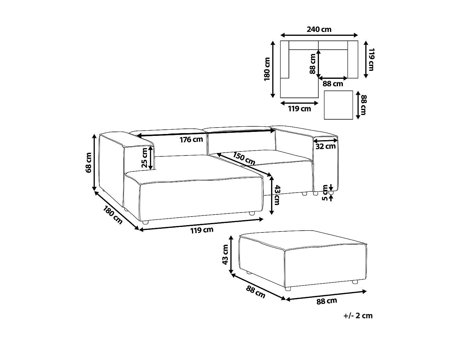 Angle Canapé 2 Places Côté Droit en Lin Gris Rembourré avec Pouf Elégant Aprica