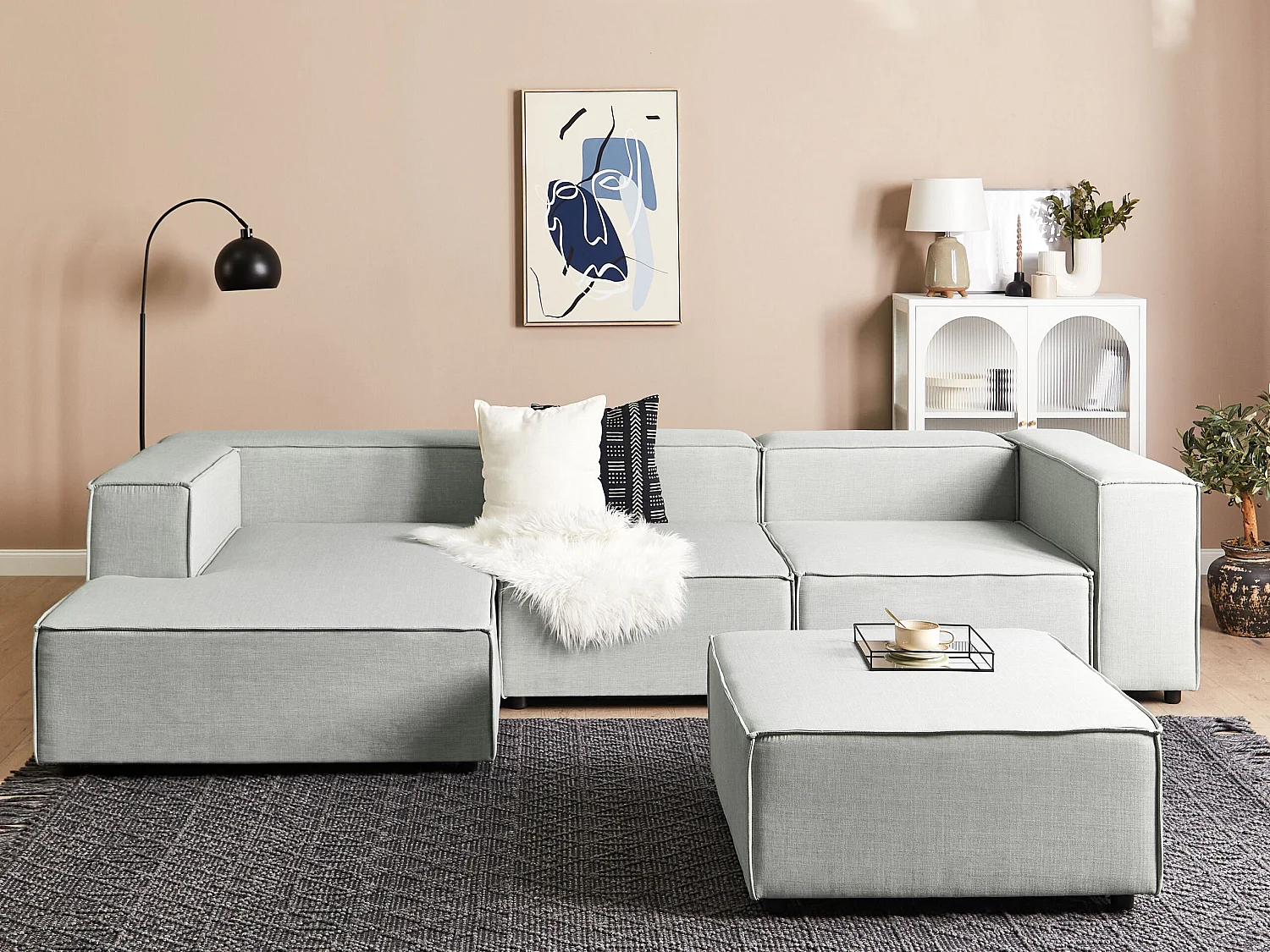 Angle Canapé 3 Places Côté Droit en Lin Gris Rembourré avec Pouf Elégant Aprica