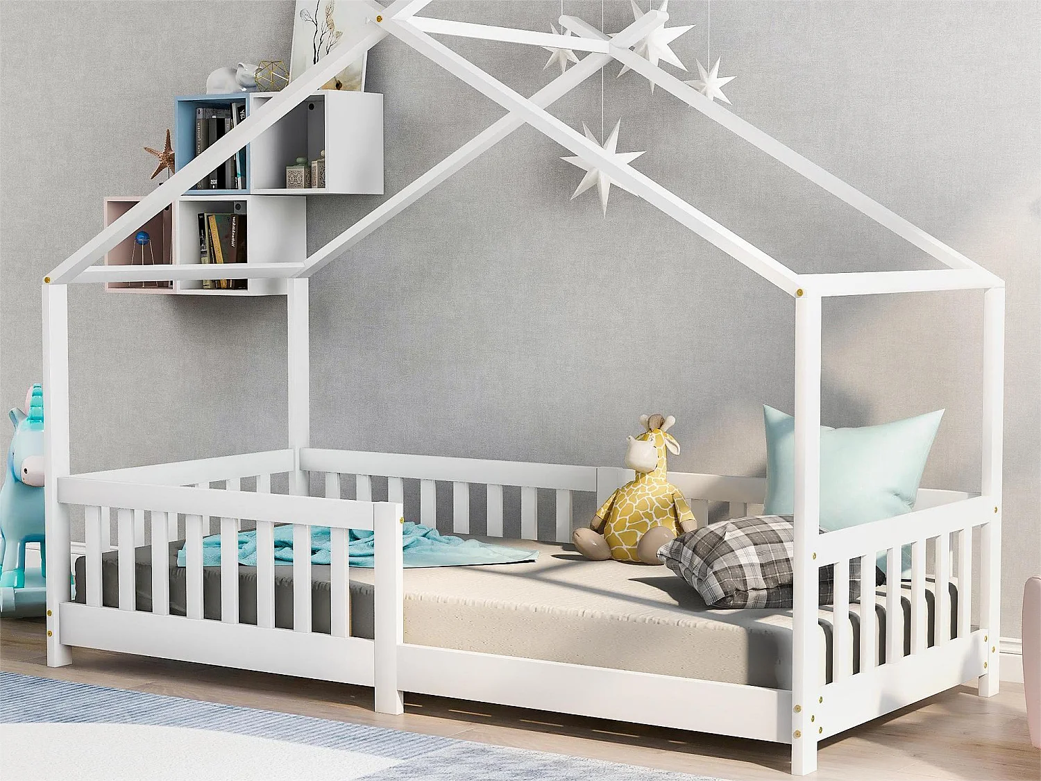 Lit cabane enfant - 90 x 200 cm - pin - sommier à lattes - coloris blanc