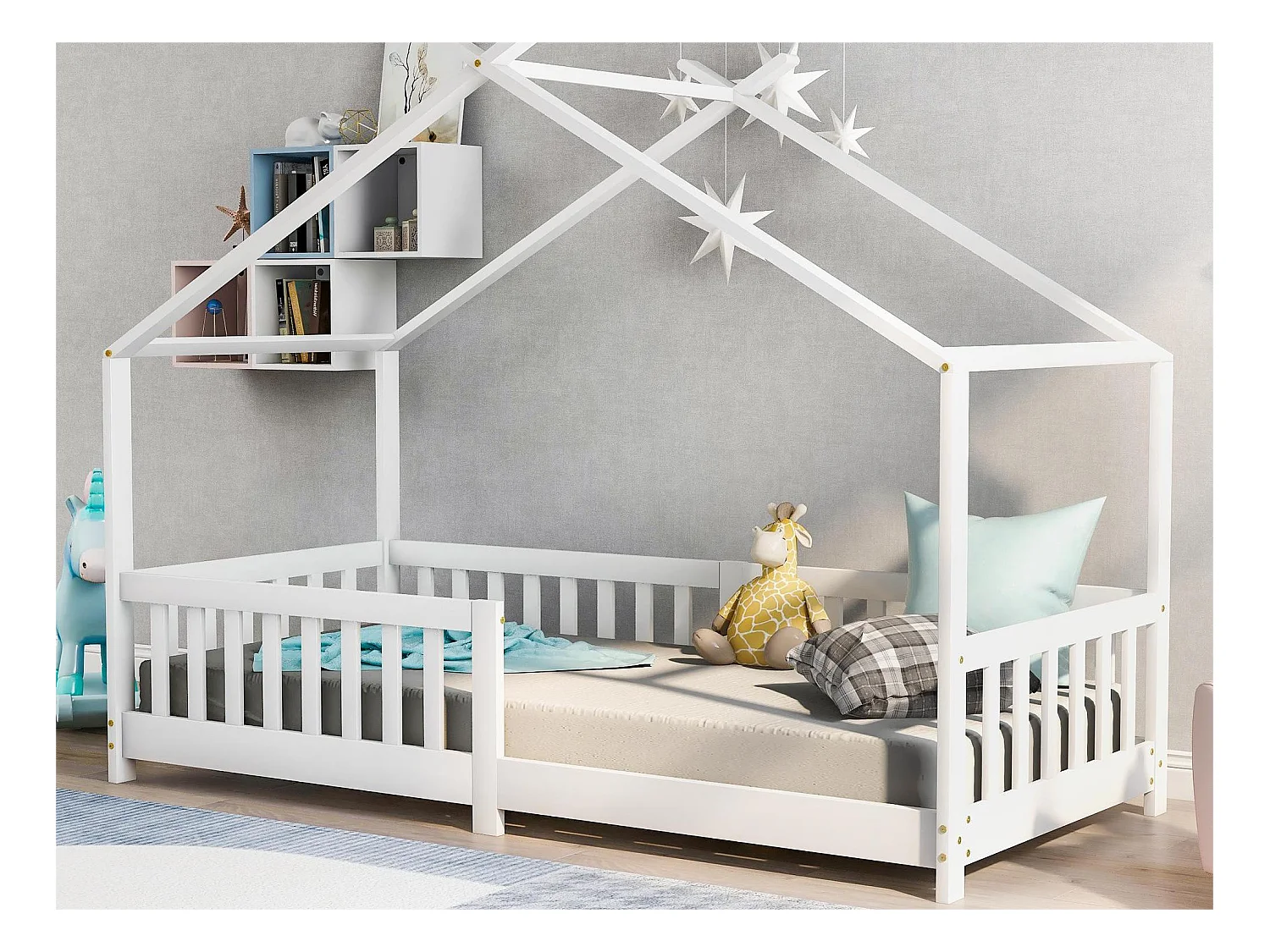 Lit cabane enfant - 90 x 200 cm - pin - sommier à lattes - coloris blanc