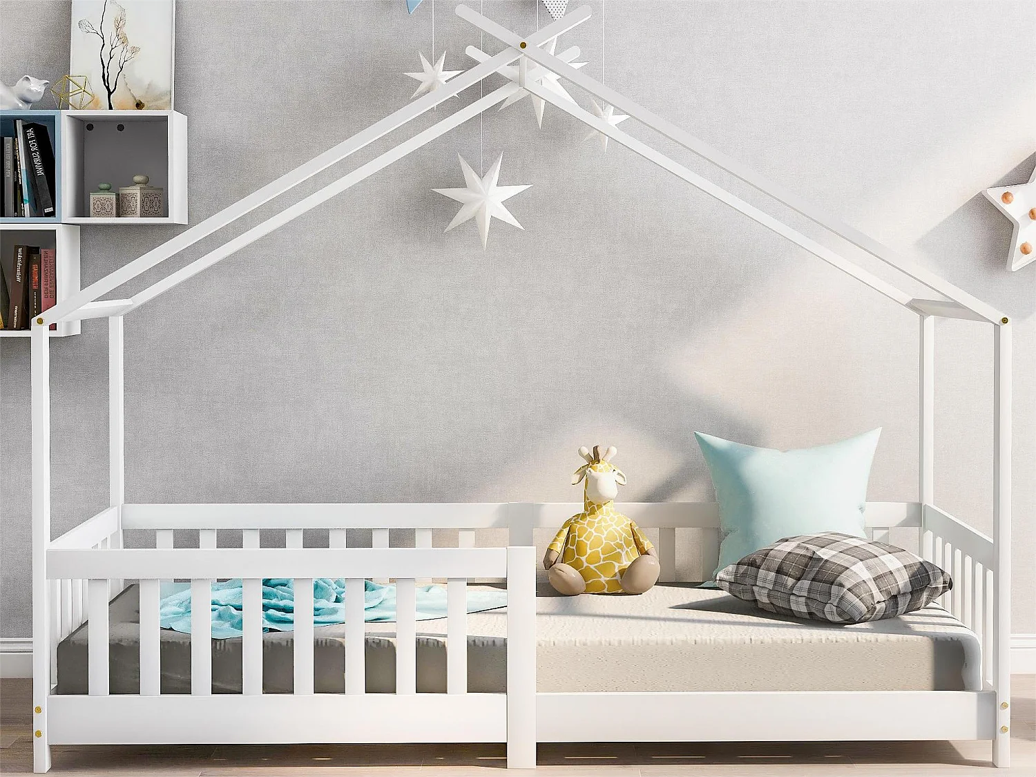 Lit cabane enfant - 90 x 200 cm - pin - sommier à lattes - coloris blanc