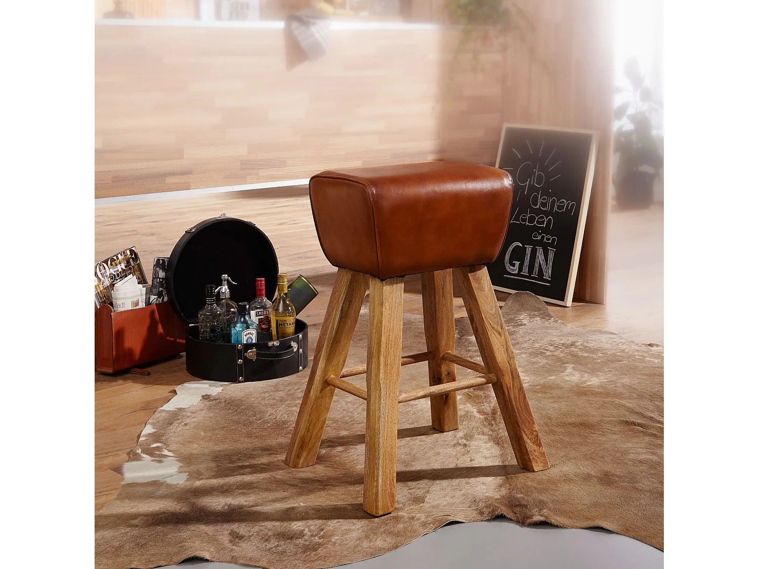 Sgabello da bar Turnbock 75 cm sgabello da bar in legno massello sgabello alto in pelle