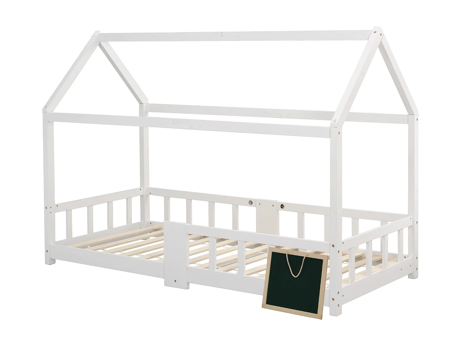 Lit cabane enfant - 90 x 200 cm - bois massif - tableau noir et sommier à lattes - blanc