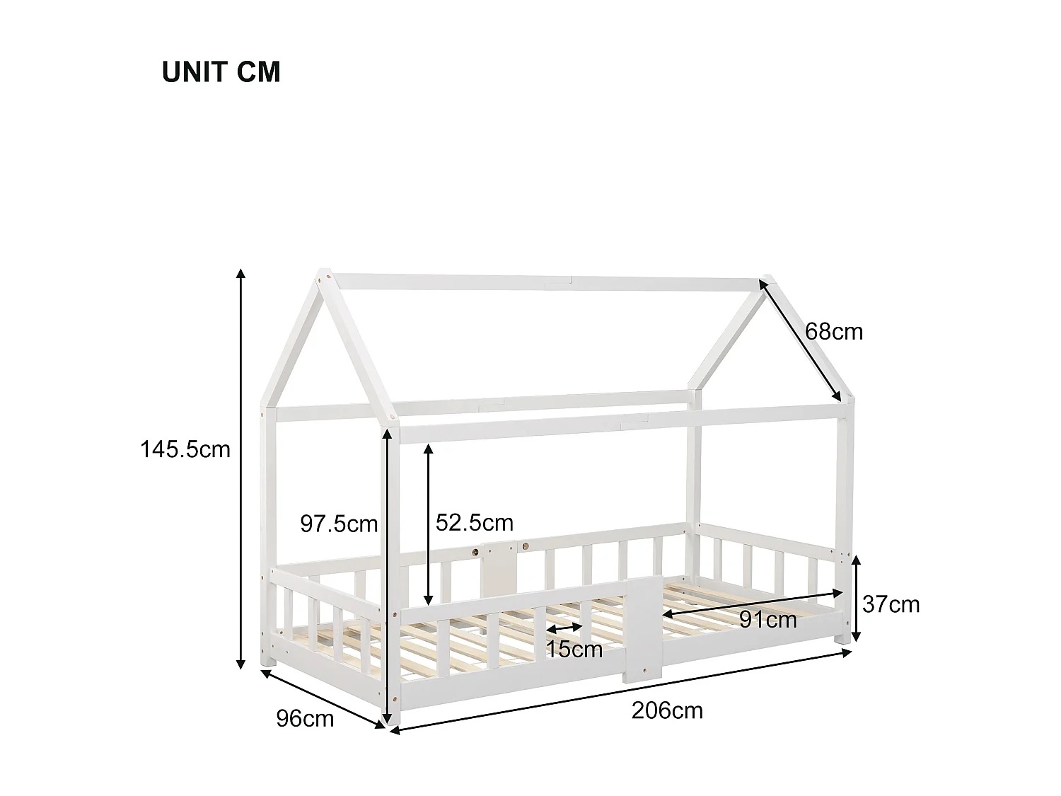 Lit cabane enfant - 90 x 200 cm - bois massif - tableau noir et sommier à lattes - blanc