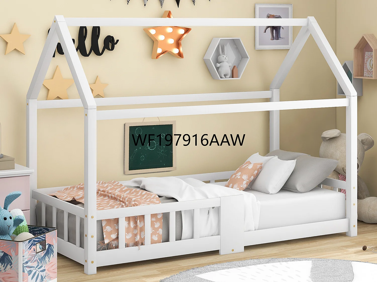 Lit cabane enfant - 90 x 200 cm - bois massif - tableau noir et sommier à lattes - blanc