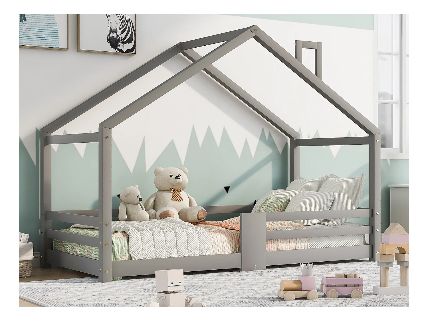 Lit cabane enfant 90 x 200 cm - bois pin massif - barrière et sommier à lattes - gris