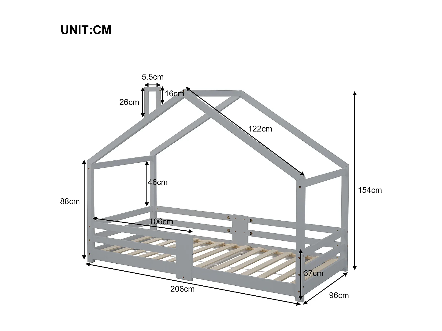 Lit cabane enfant 90 x 200 cm - bois pin massif - barrière et sommier à lattes - gris