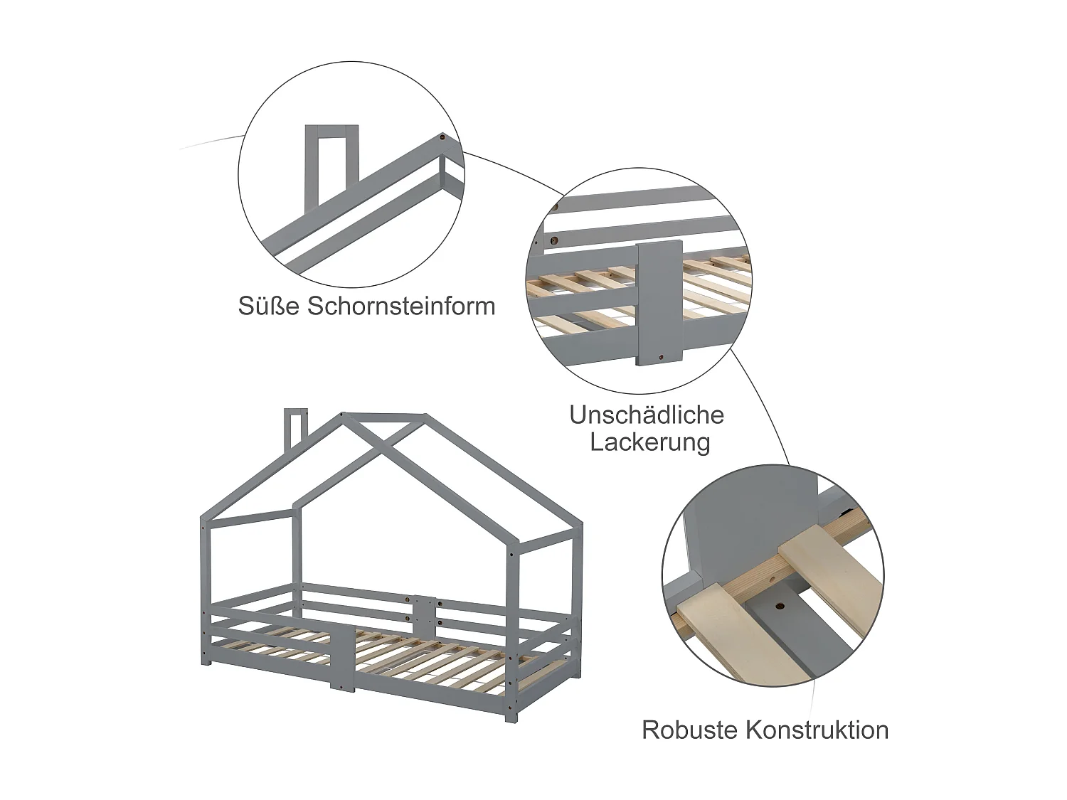 Lit cabane enfant 90 x 200 cm - bois pin massif - barrière et sommier à lattes - gris