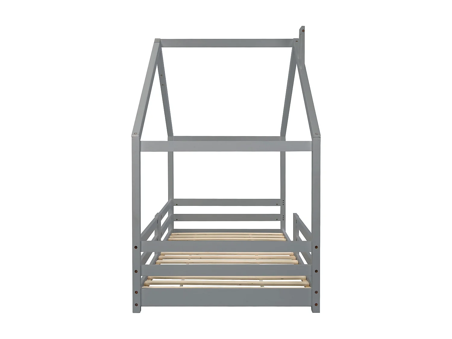 Lit cabane enfant 90 x 200 cm - bois pin massif - barrière et sommier à lattes - gris