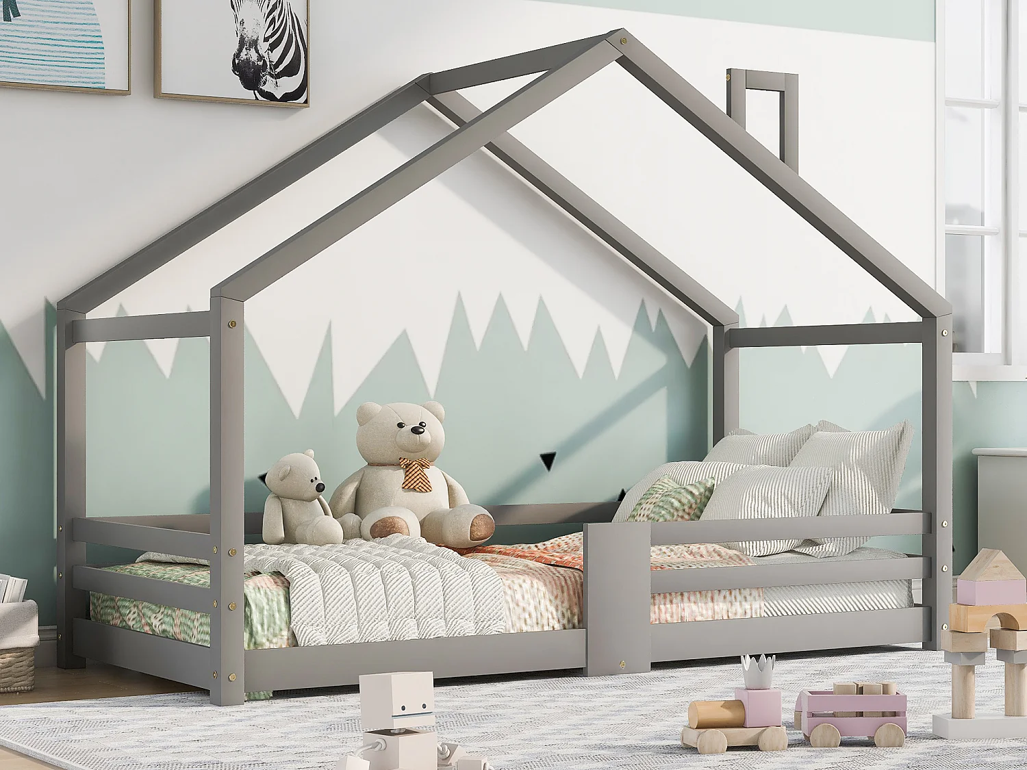 Cama cabine infantil 90 x 200 cm - madeira maciça de pinho - barreira e base de ripas - cinza