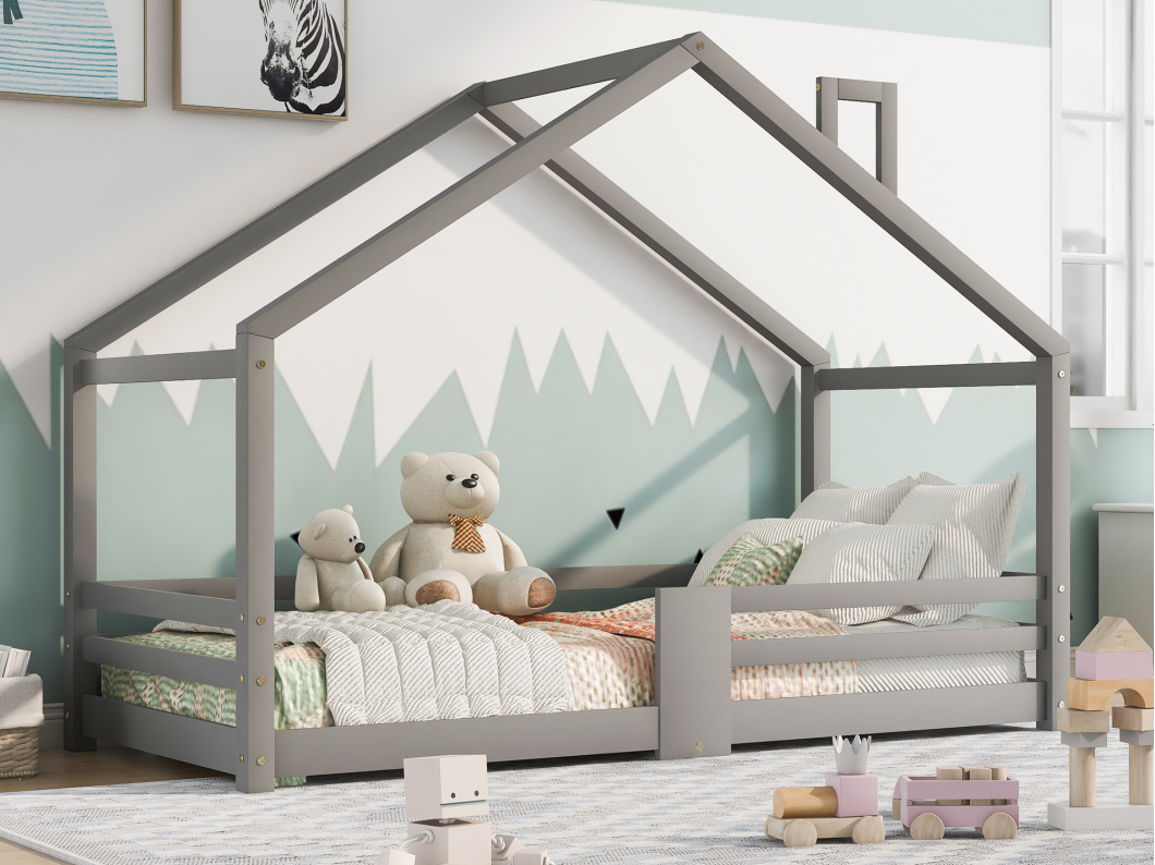 Kinderhutbed 90 x 200 cm - massief grenenhout - barrière en lattenbodem - grijs