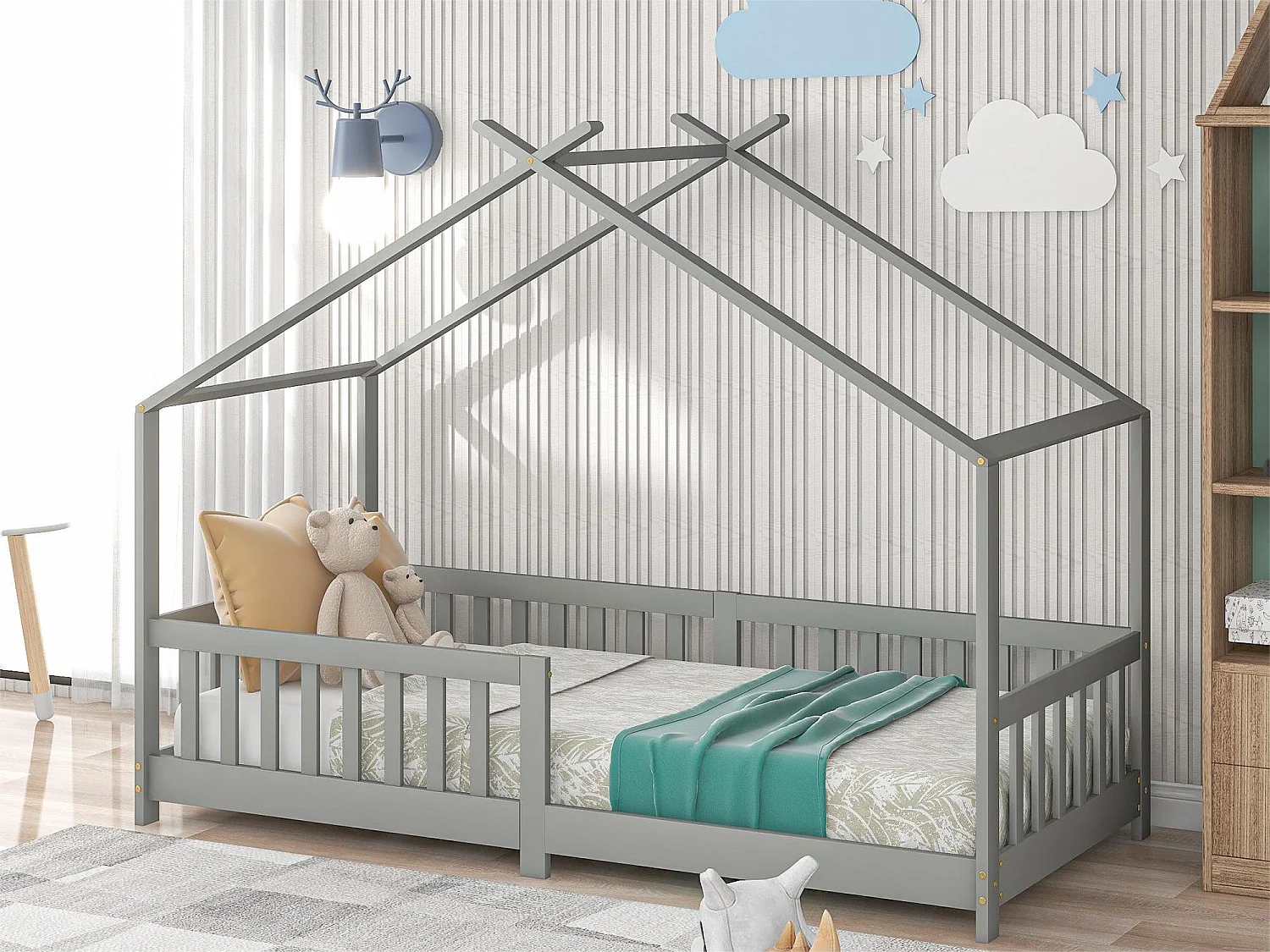 Lit cabane enfant - 90 x 200 cm - pin - sommier à lattes - coloris gris